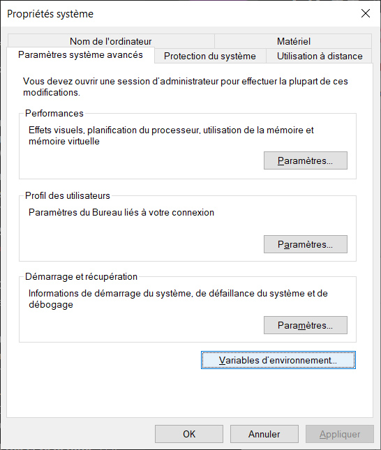 Variables d'environnement Windows